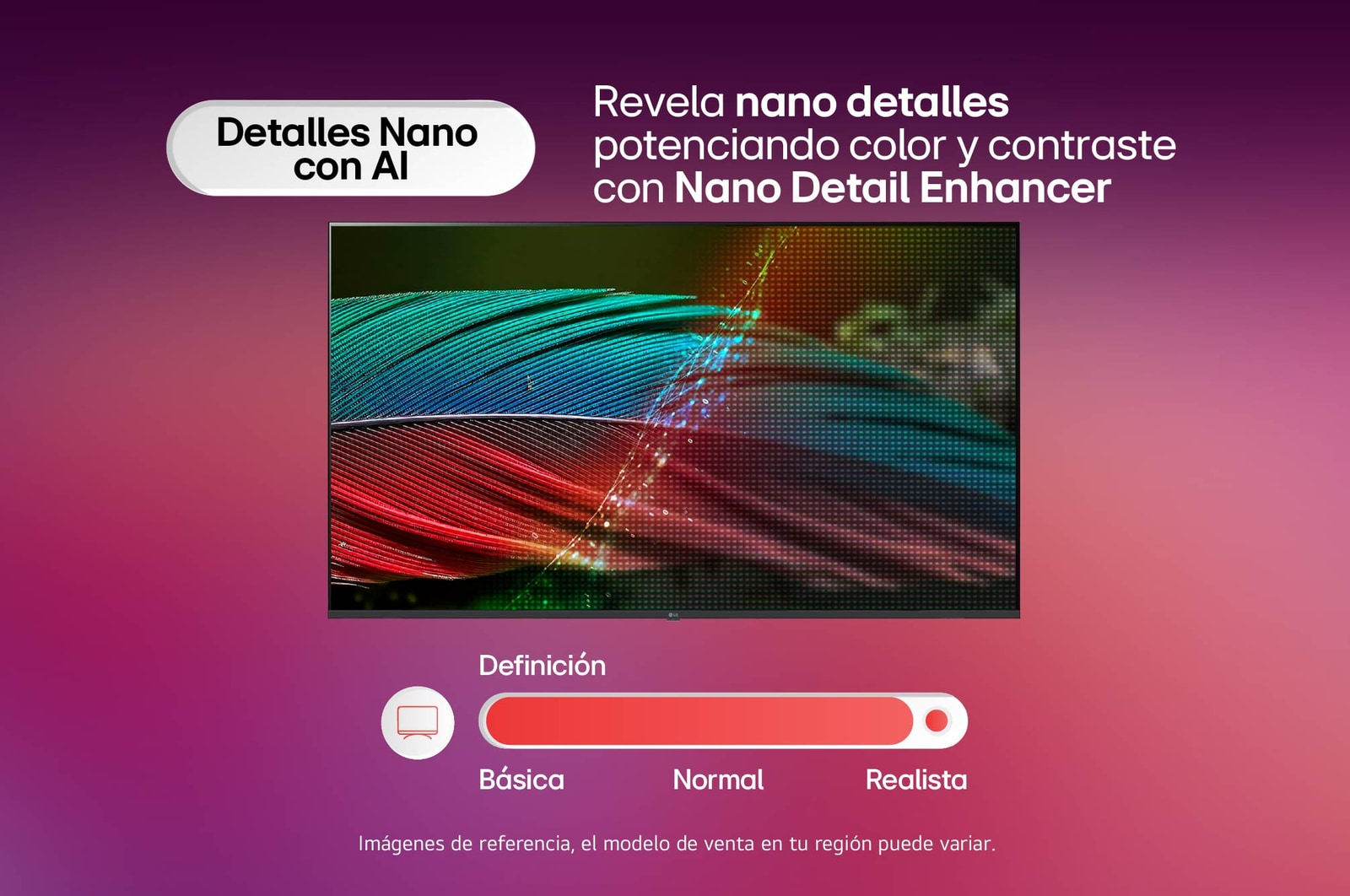 LG NANO 4K UHD AI NU85 permite la superampliación 4K con mapeo dinámico de tonos, mostrando un retrato en primer plano con flores mientras la IA refina cada marco para mejorar la textura de la piel, los detalles finos y el color natural hasta una resolución 4K.